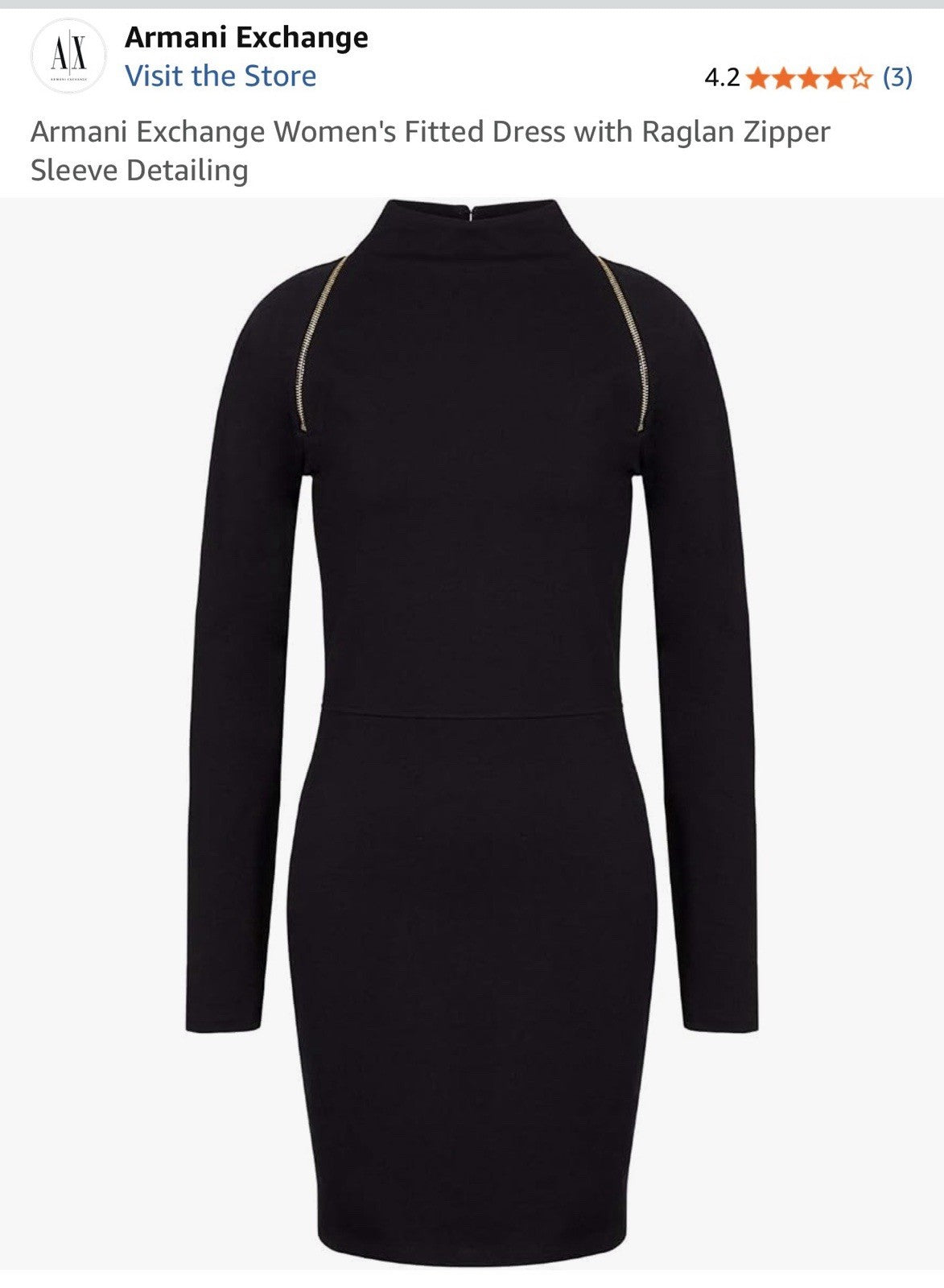 Armani Exchange Women's Fitted Dress with Raglan Zipper Sleeve Detailing