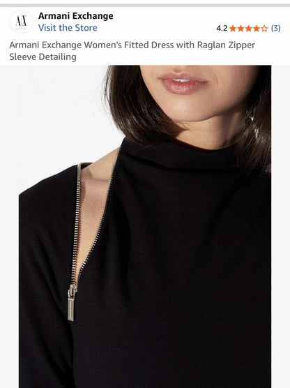 Armani Exchange Women's Fitted Dress with Raglan Zipper Sleeve Detailing