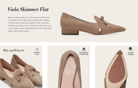 tan flat shoes with a pointed toe and knotted bow on a white background, featuring text about the shoe model 'Viola Skimmer Flat'.